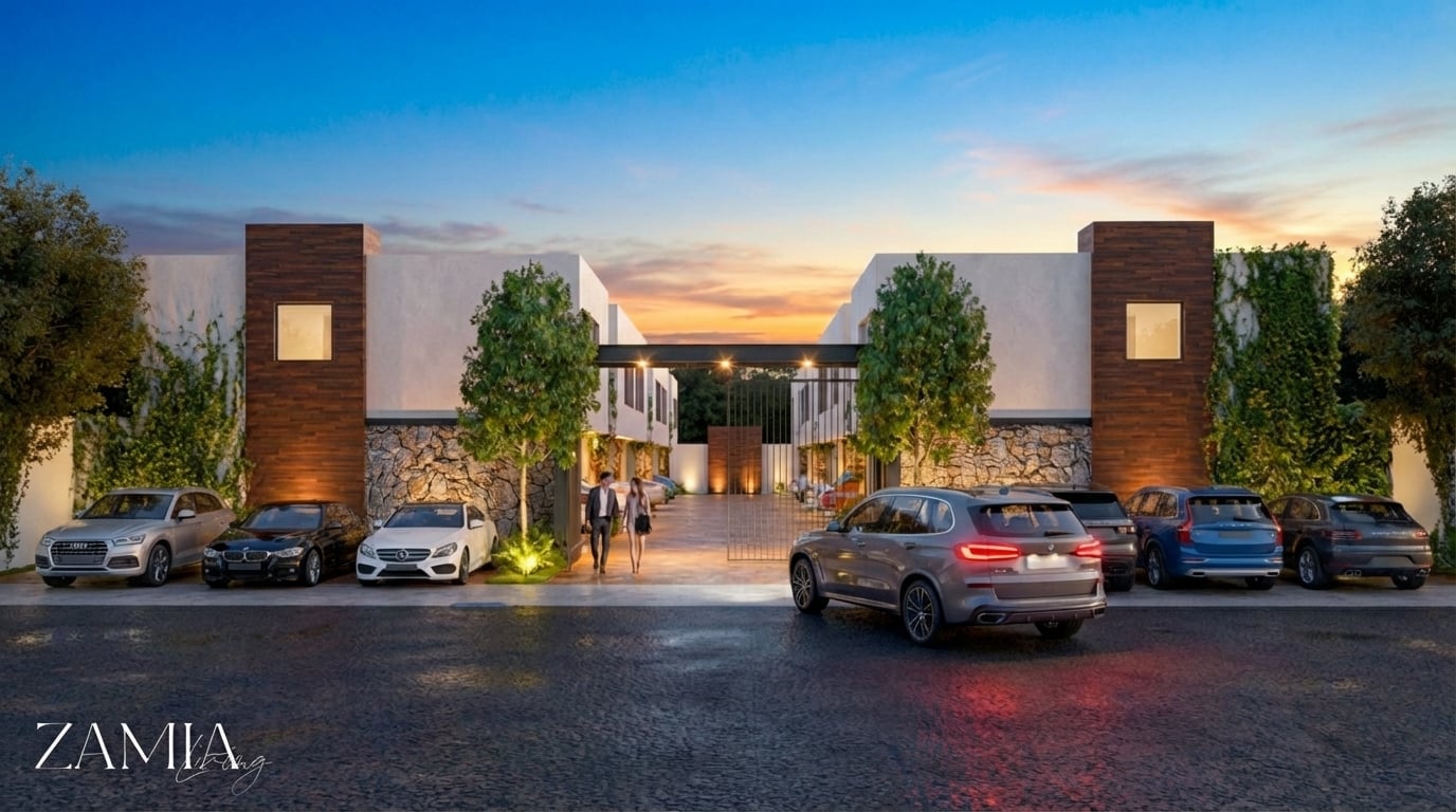 Fachada principal de townhouses Zamia Living al norte de Mérida